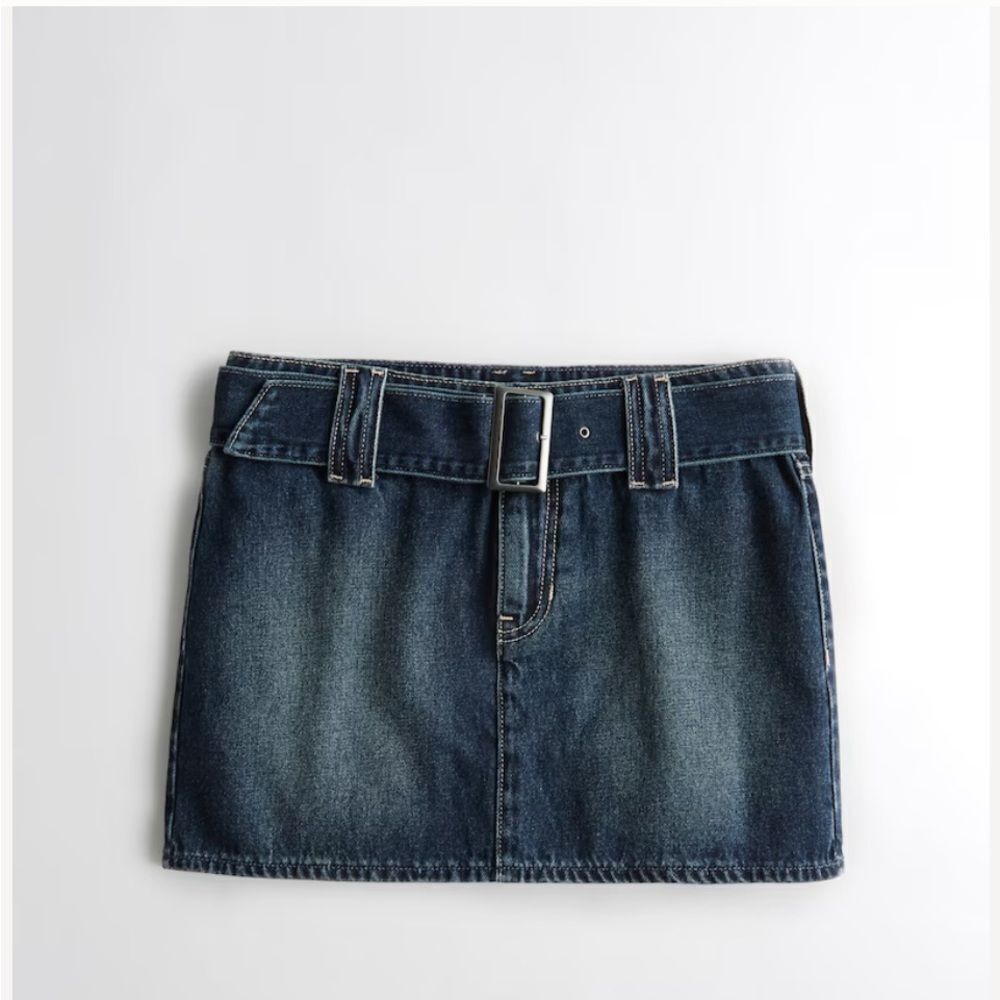 HOLLISTER LOW-RISE BELTED DENIM MINI SKIRT DARK WASH NWT